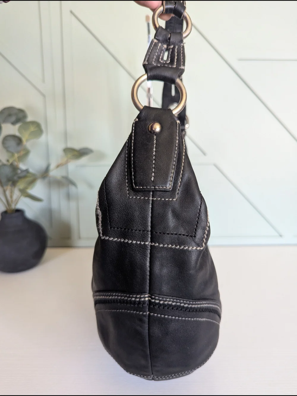 Coach Black Leather Hobo with Contrast Stitching
